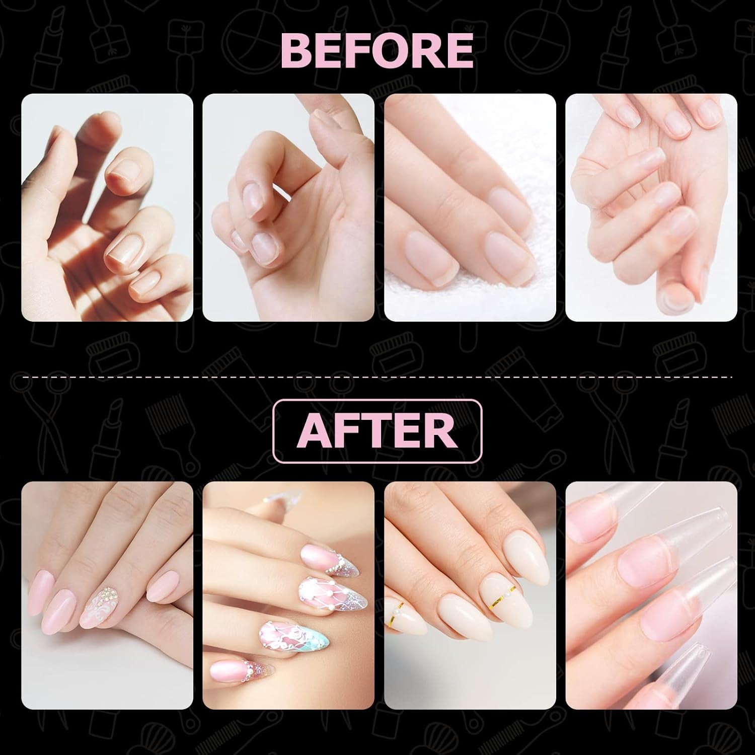 Tipi di unghie, 500 punte per unghie finte acriliche artificiali con scatola di immagazzinaggio per saloni di bellezza e nail art fai da te per la casa, 10 dimensioni