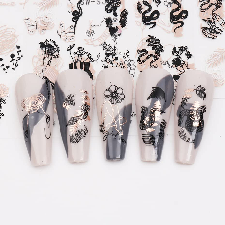 JMEOWIO Nagelsticker Rose Gold Schwarze Blume 12 Blatt Nail Art Sticker Selbstklebend Nagelaufkleber Frühlings Linie Abstract Blatt Dekoration Nageldesign Zubehör