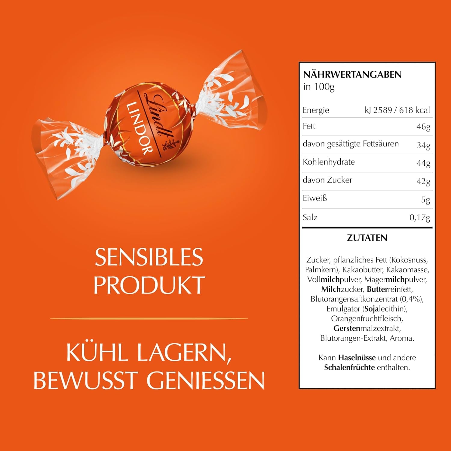 Lindt LINDOR Palline di cioccolato all'arancia rossa | Busta richiudibile da 1 kg | ca. 80 cioccolatini con ripieno scioglievole in bocca | Confezione sfusa, regalo di cioccolato