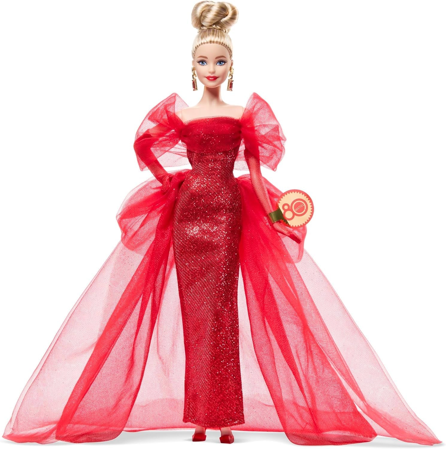 Barbie Signature Doll 80° Anniversario Mattel Figura da collezione in scintillante abito in tulle rosso con orecchini a goccia e guanti delicati Capelli biondi JBJ17