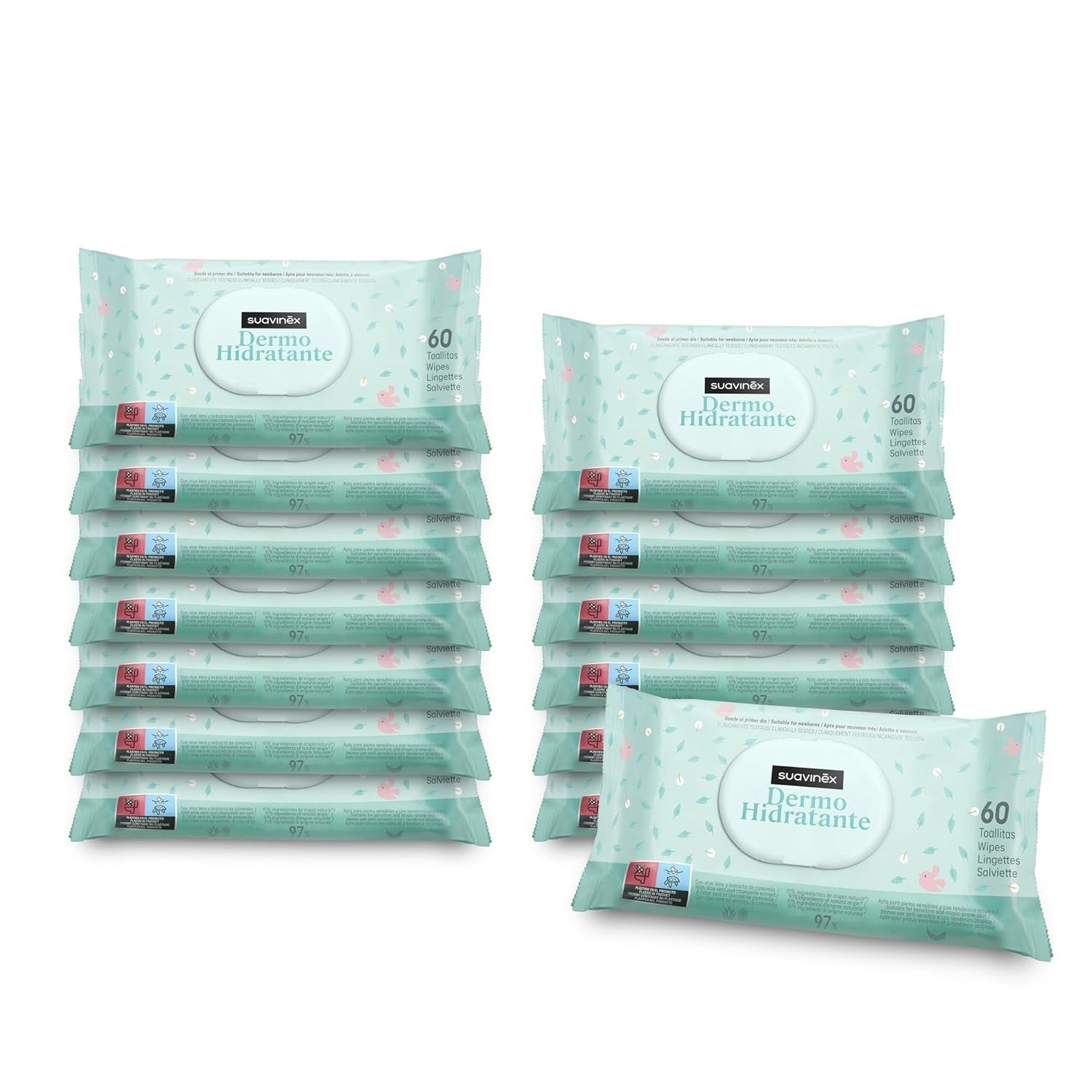 Suavinex 14 Confezione da 60 salviette umidificate per neonati (840 salviette in totale), idratanti, adatte alla pelle atopica, ingredienti naturali al 95%