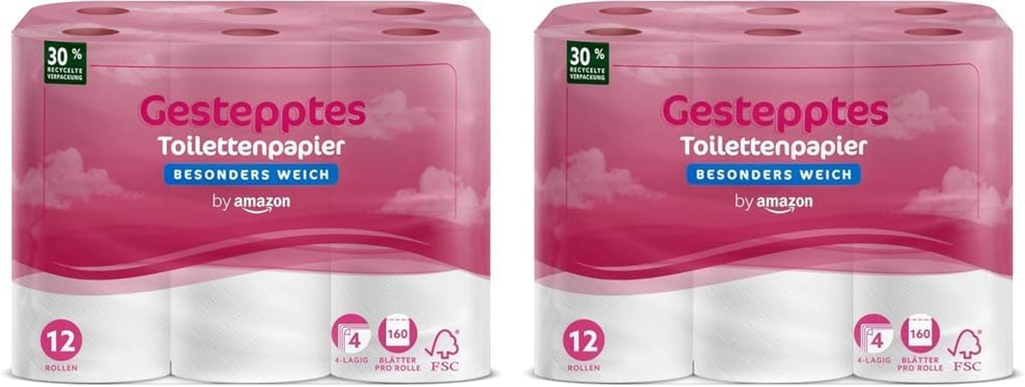 Carta igienica Amazon di Amazon, trapuntata a 4 veli, extra morbida, 48 rotoli (12 rotoli, confezione da 4), 160 fogli per rotolo, certificata FSC