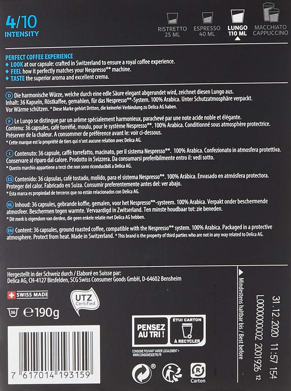 Café Royal aromatizzato al cioccolato fondente, 100 capsule per macchina da caffè Nespresso - 4/10 intensità - zertifiziert UTZ, in alluminio e lungo 36 capsule per macchina da caffè Nespresso - 4/10 intensità