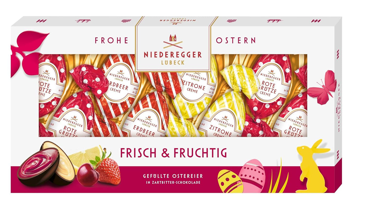 Niederegger | Uova Di Cioccolato | Fresco e fruttato | 1x100 g | Uova ripiene ai gusti di limone, fragola e crema ai frutti rossi | Ricoperto di cioccolato fondente | Uova di Pasqua | Regalo di Pasqua