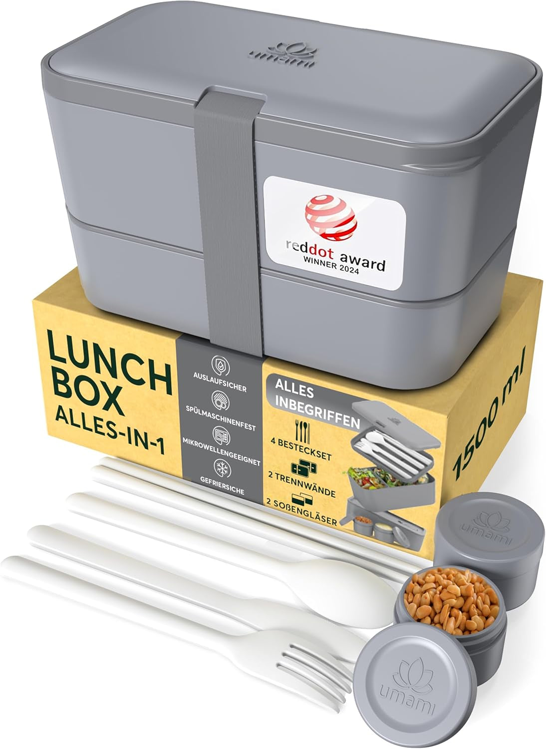 Umami Lunch Box per Adulti, Bento Box Sigillabile con 4 Posate e Scomparti, Lunch Box per Adulti, Contenitore per Insalata da Asporto, Lunch Box per Picnic/Ufficio, Grigio Antracite, 1500 ml Naty Shop Scatole per Conservazione Alimenti Grigio Antracite L - 1500 ml Impilabili l'uno nell'altro
