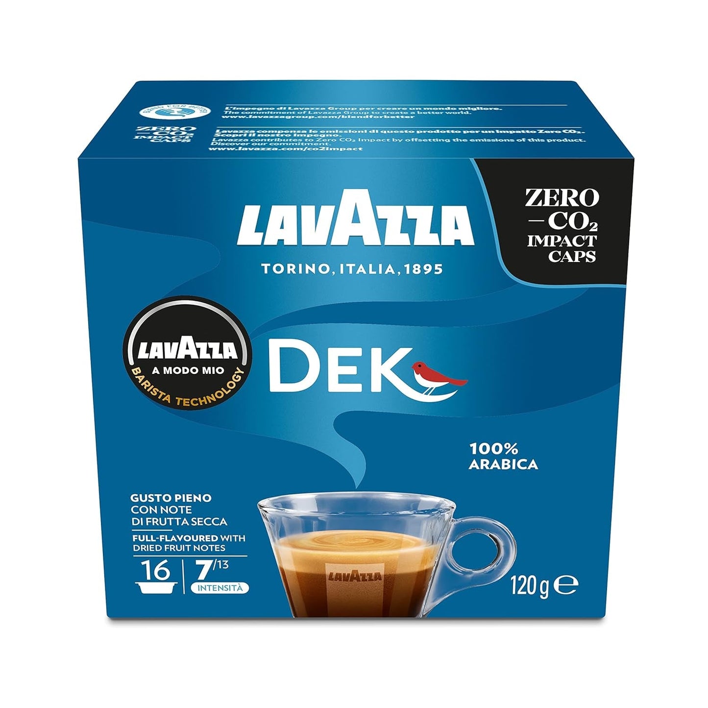 Lavazza A Modo Mio Dek Cremoso, 256 capsule caffè, per espresso decaffeinato con note aromatiche di mandorle e candite, 100% Arabica, intensità 7/13, tostatura media, 16 confezioni
