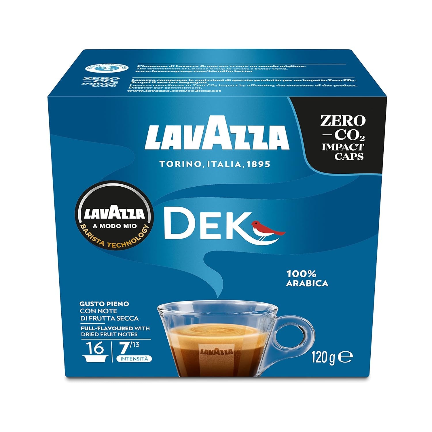 Lavazza A Modo Mio Dek Cremoso, 256 capsule caffè, per espresso decaffeinato con note aromatiche di mandorle e candite, 100% Arabica, intensità 7/13, tostatura media, 16 confezioni