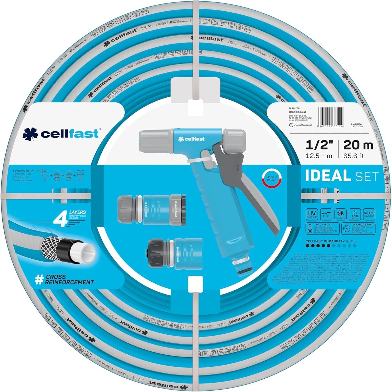 Set tubi da giardino Cellfast Ideal, robusto, flessibile, 4 strati, irrigatore, resistente ai raggi UV e alle alghe, tecnologia Reach, 27 bar, -20/+60° a breve termine, 1/2 pollice, 20 m