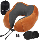 WELLGRO Set Cuscini per Collo con Maschera per Dormire 3D e Tappi per Le Orecchie - Fodera Rimovibile - Memory Foam - Chiusura con Cerniera - Inclusa Custodia - Cuscino da Viaggio - Colore Selezionabile, Colore:Grigio Naty Shop Cuscini Ortopedici Cervicali Marrone