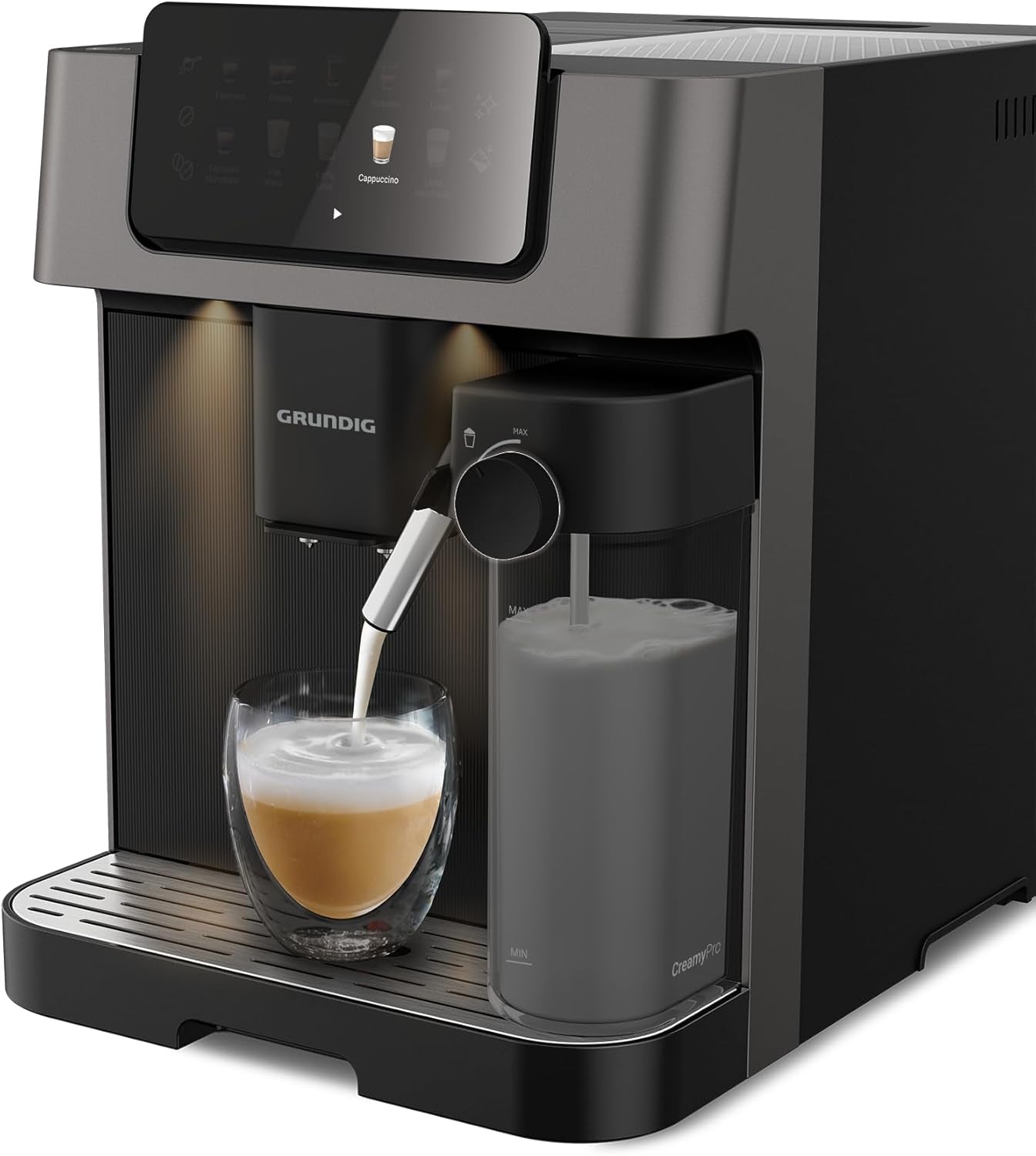Macchina per caffè espresso completamente automatica GRUNDIG KVA 6230 con montalatte, macinacaffè in acciaio inossidabile con 13 impostazioni di macinatura, contenitore per chicchi da 250 g, serbatoio dell'acqua rimovibile da 2 litri, pressione della pompa 19 bar, display touch, nero