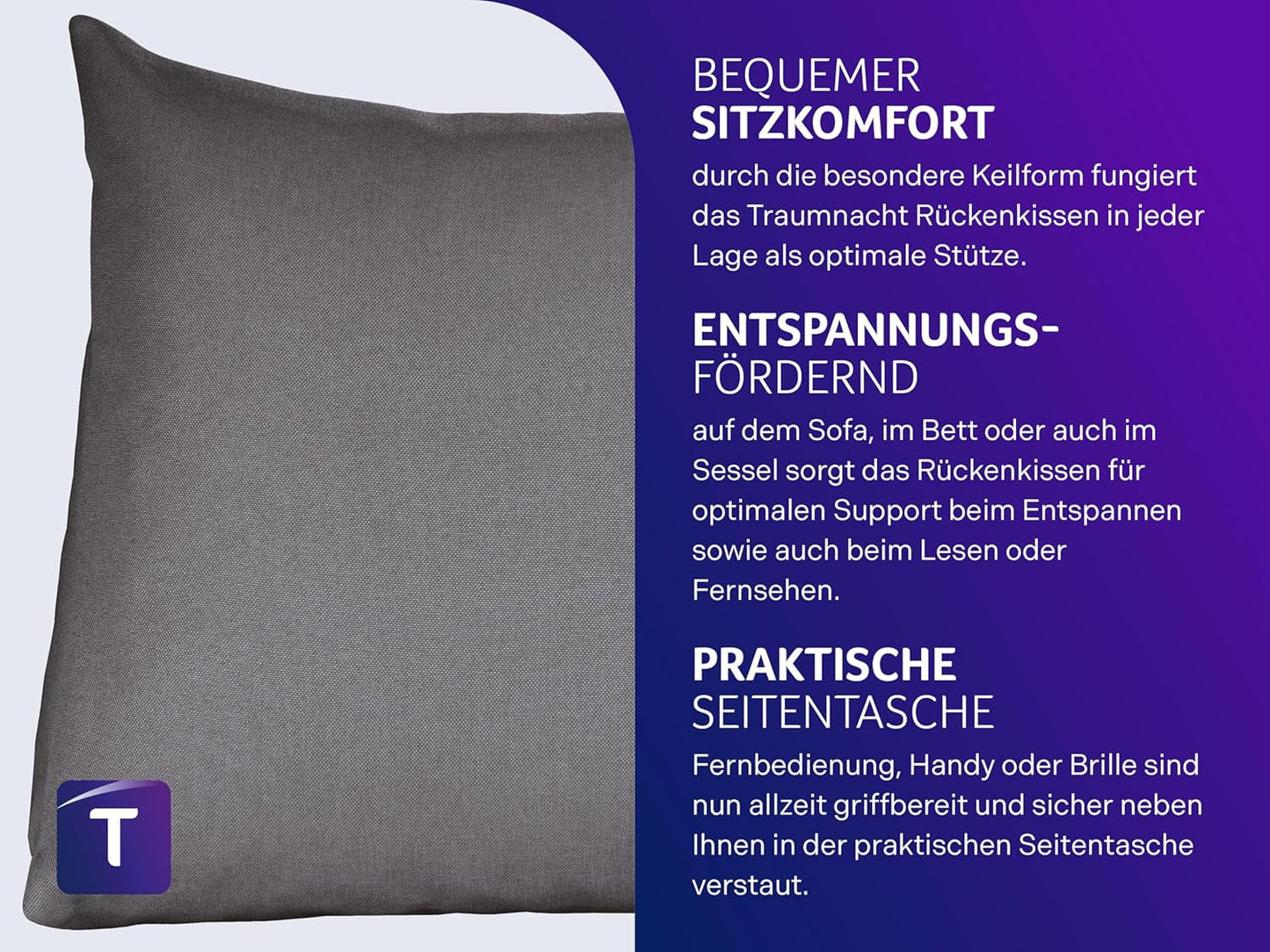 Cuscino da lettura Traumnacht Cozy Back Cushion, 70 x 40 cm grigio scuro, rivestimento sfoderabile e lavabile in 100% poliestere, pratica tasca laterale, certificato Oeko-Tex, prodotto secondo gli standard di qualità tedeschi
