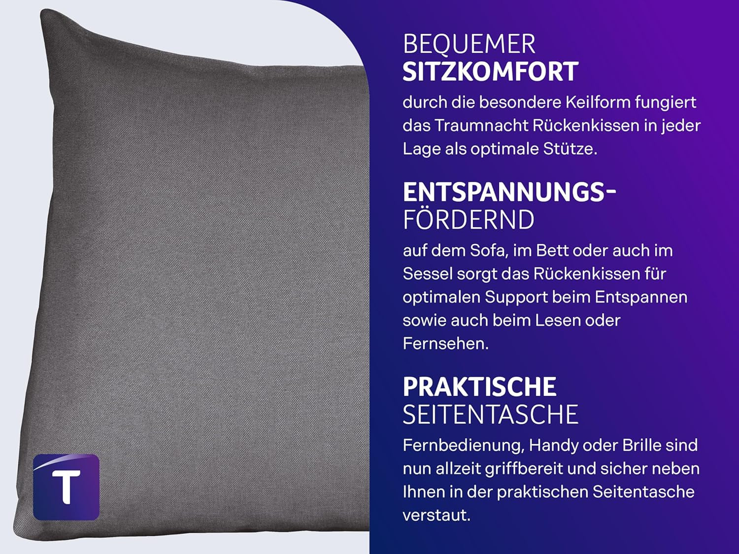 Cuscino da lettura Traumnacht Cozy Back Cushion, 70 x 40 cm grigio scuro, rivestimento sfoderabile e lavabile in 100% poliestere, pratica tasca laterale, certificato Oeko-Tex, prodotto secondo gli standard di qualità tedeschi