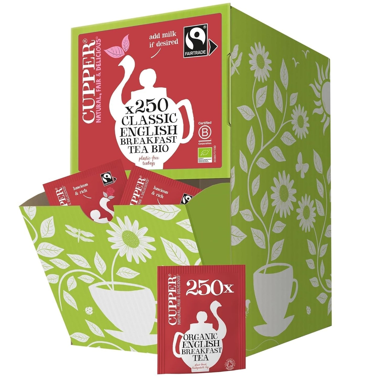 Cupper Tè alla frutta biologico Mirtillo rosso Lampone | Tè al lampone | 250 bustine di tè non sbiancate | Grande pacco | Perfetto per l'ufficio | Ecologico | Commercio equo e solidale