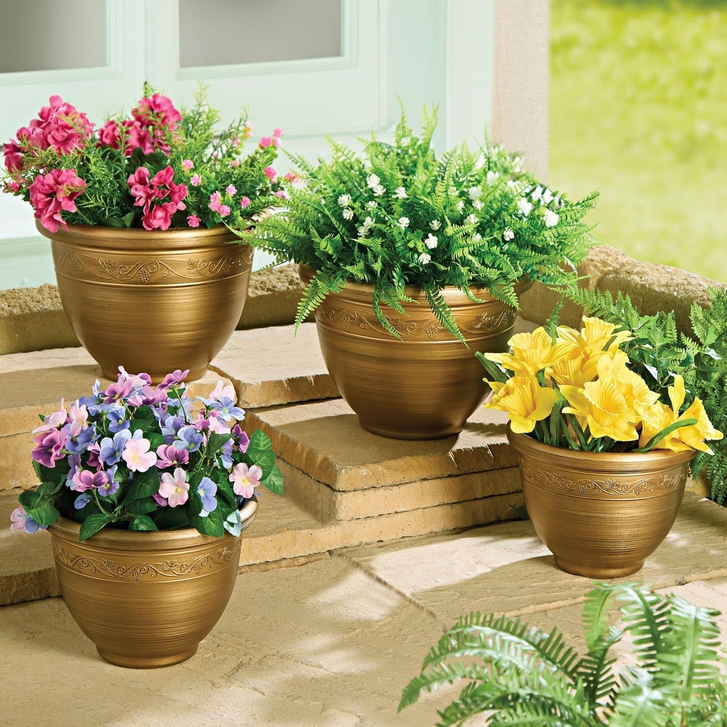 ® Set di fioriere in plastica stile retrò - Set da 4 pezzi in due dimensioni - Resistente alle intemperie e leggero - Bordo decorativo - Set di fioriere in bronzo