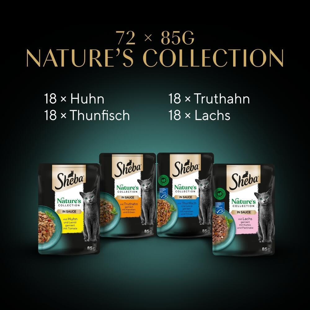 SHEBA Nature's Collection in Salsa - Cibo umido per gatti di alta qualità, varietà fine (MSC) in bustine porzionate - 72 x 85 g