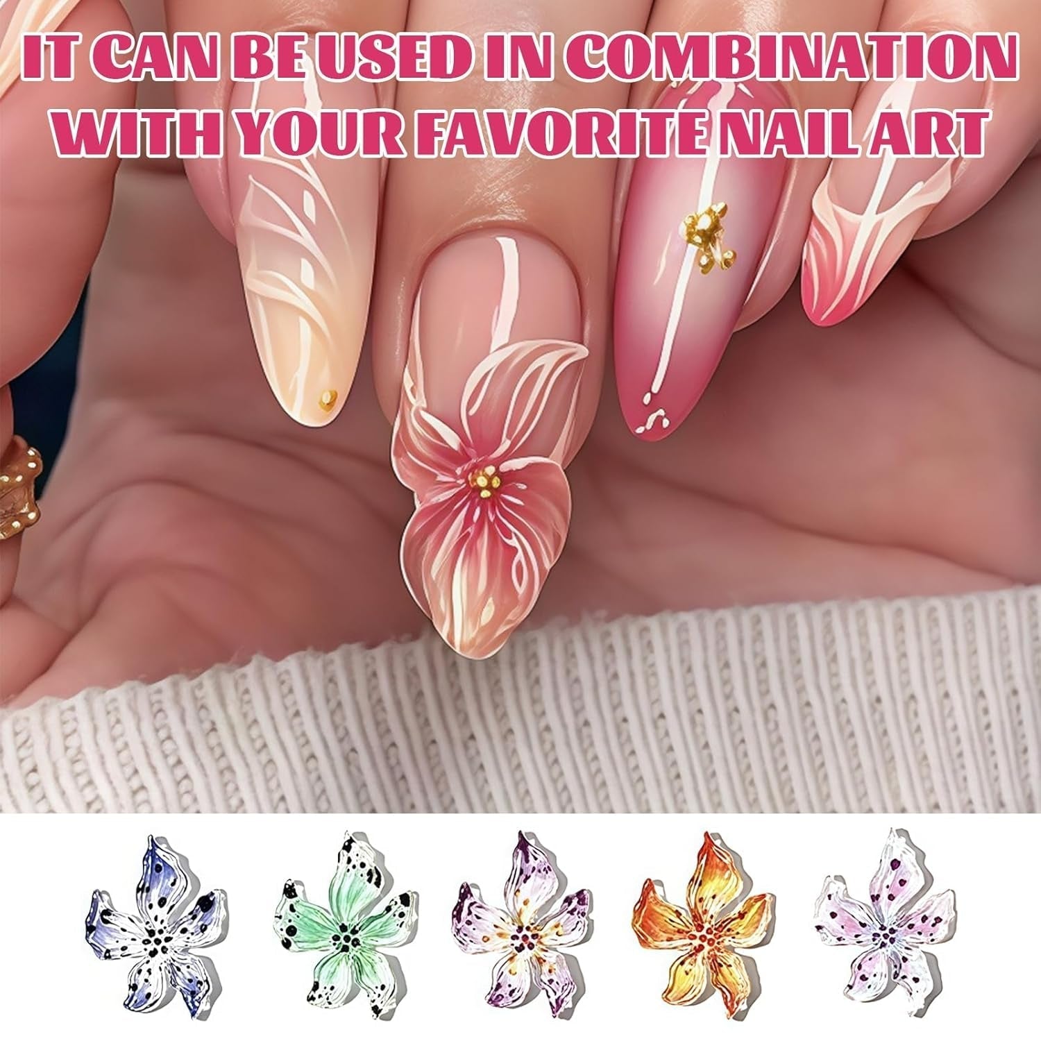 Set di 50 ciondoli per unghie 3D Blume, accessori per unghie colorate, ciondoli per unghie e ciondoli artistici per unghie, perfetti per nail art, decorazioni per mani e design fai da te