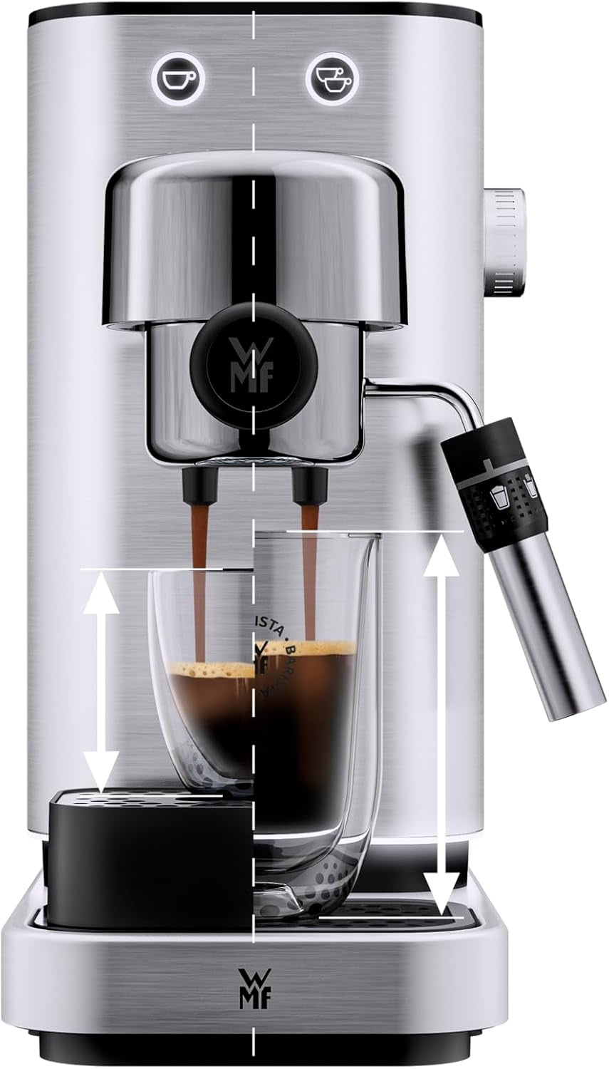 Macchina per caffè espresso WMF Lumero, portafiltro, 1400 watt, portafiltro, 3 inserti, per 1-2 tazzine di caffè espresso, incluse capsule, 15 bar, portabicchieri, montalatte, acciaio inossidabile opaco