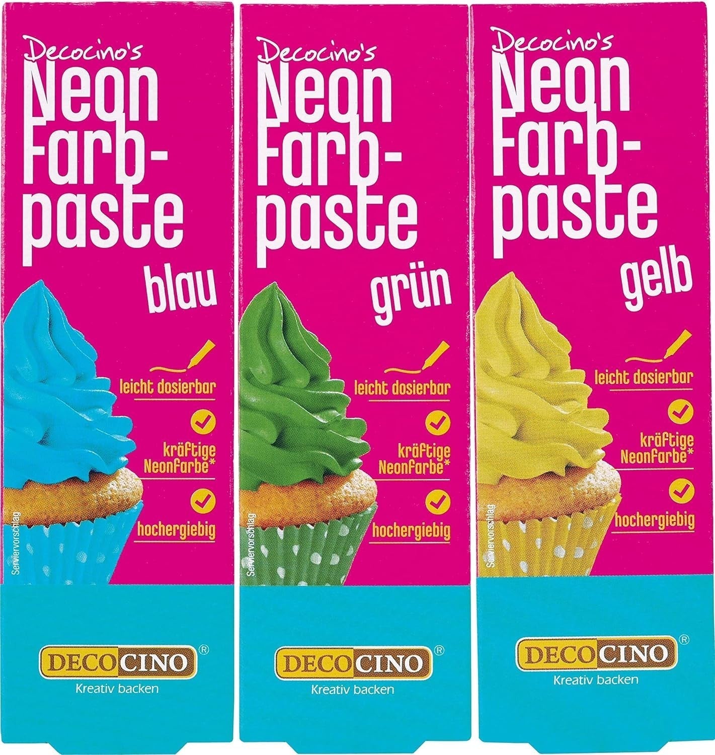 Decocino Set coloranti alimentari al neon - 3 pezzi - Rosso, rosa, viola - Colorante alimentare ad alto dosaggio - Per colorare torte, muffin, cupcake - Senza gusto