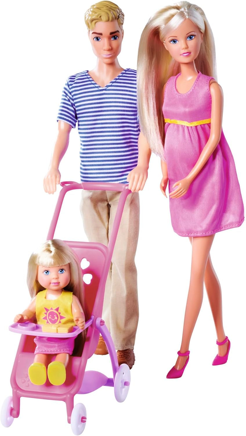 Simba 105733673 - Steffi Love Happy Family, bambola incinta, Kevin, Evi e bebè con passeggino, 11 pezzi, accessori, 30 cm, dai 3 anni in su