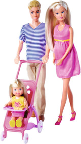 Simba 105733673 - Steffi Love Happy Family, bambola incinta, Kevin, Evi e bebè con passeggino, 11 pezzi, accessori, 30 cm, dai 3 anni in su