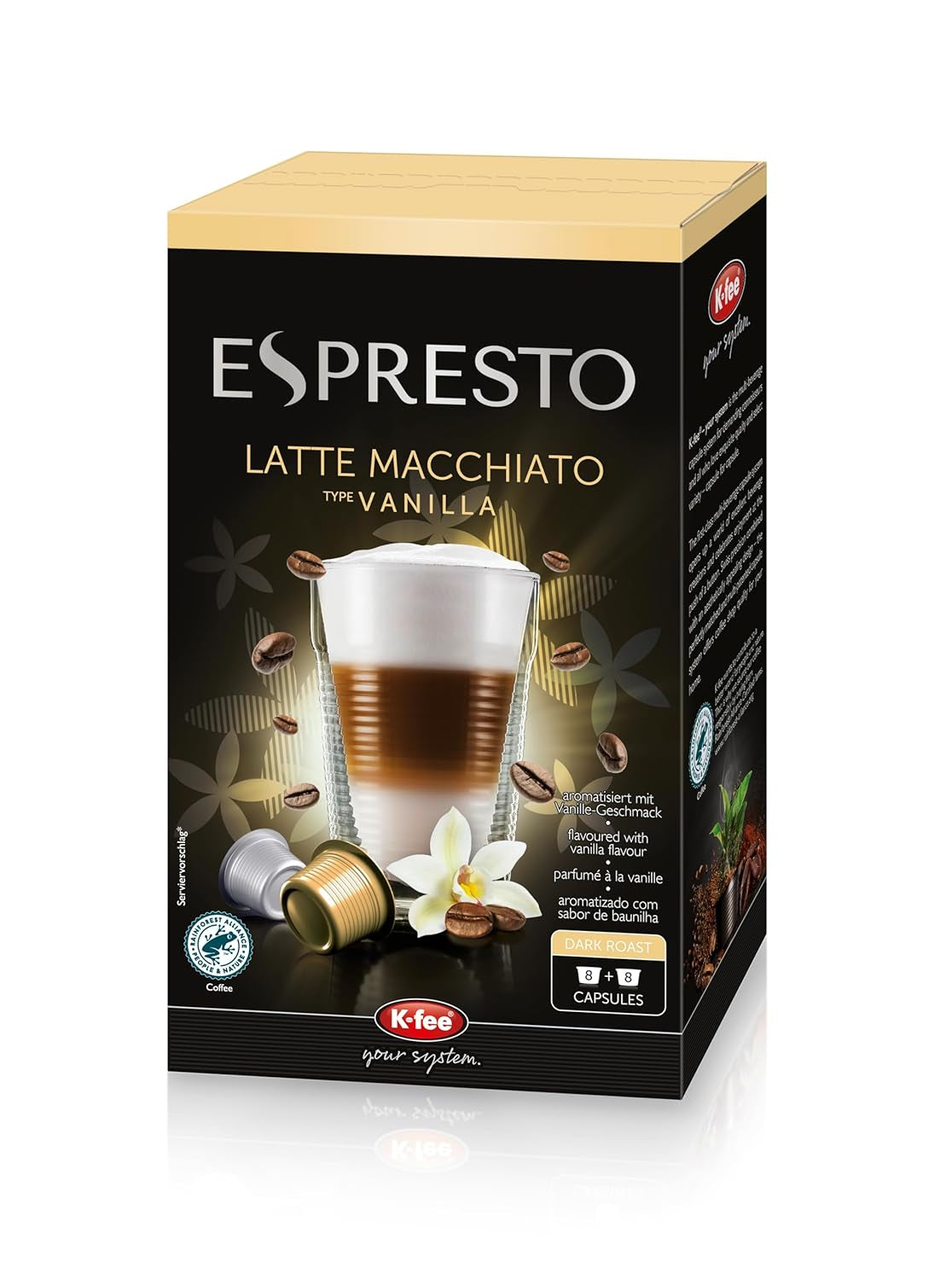ESPRESTO Latte Macchiato Tipo Vanille, compatibile con K-fee e ALDI EXPRESSI*, certificato RFA, dolce e armonioso, 48 capsule di caffè e 48 capsule di latte