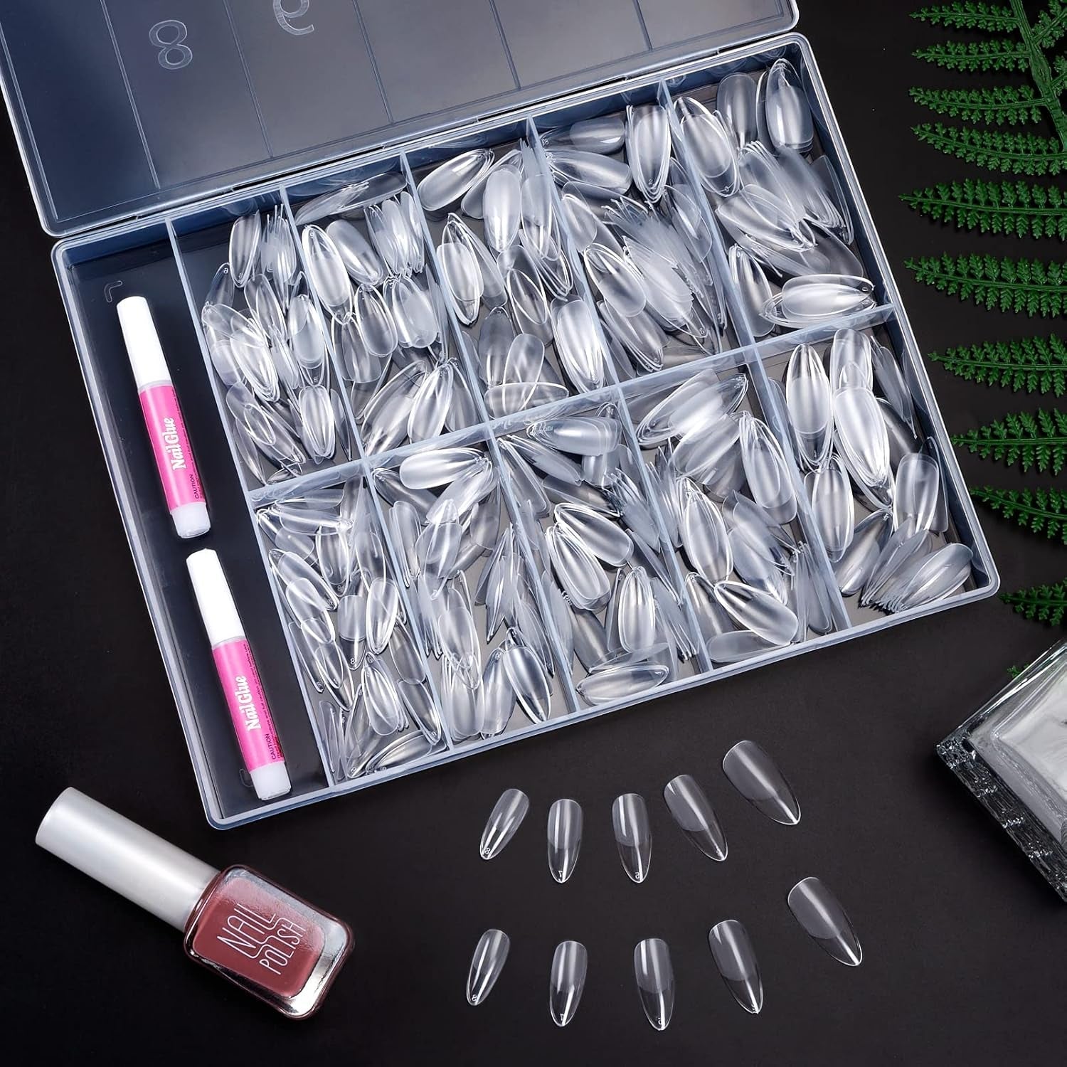 Becellen 500 punte per unghie artificiali, punte per unghie in gel morbido, copertura completa, punte per unghie in gel, unghie artificiali pre-lucidate, set di colla per nail art fai da te (mandorle)