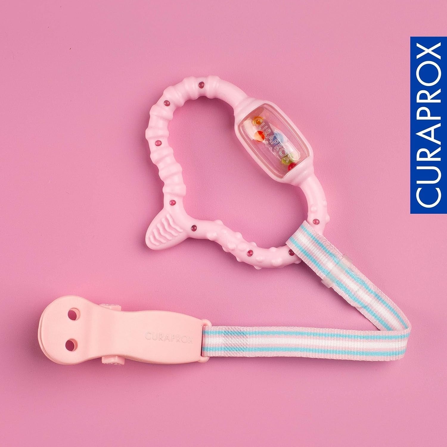Anello da dentizione Curaprox per neonati - Per bambini da 0 a 24 mesi/Allevia il dolore dei denti e promuove le abilità motorie | Senza BPA, Rosa, con spazzolino da allenamento/Prodotto in Svizzera
