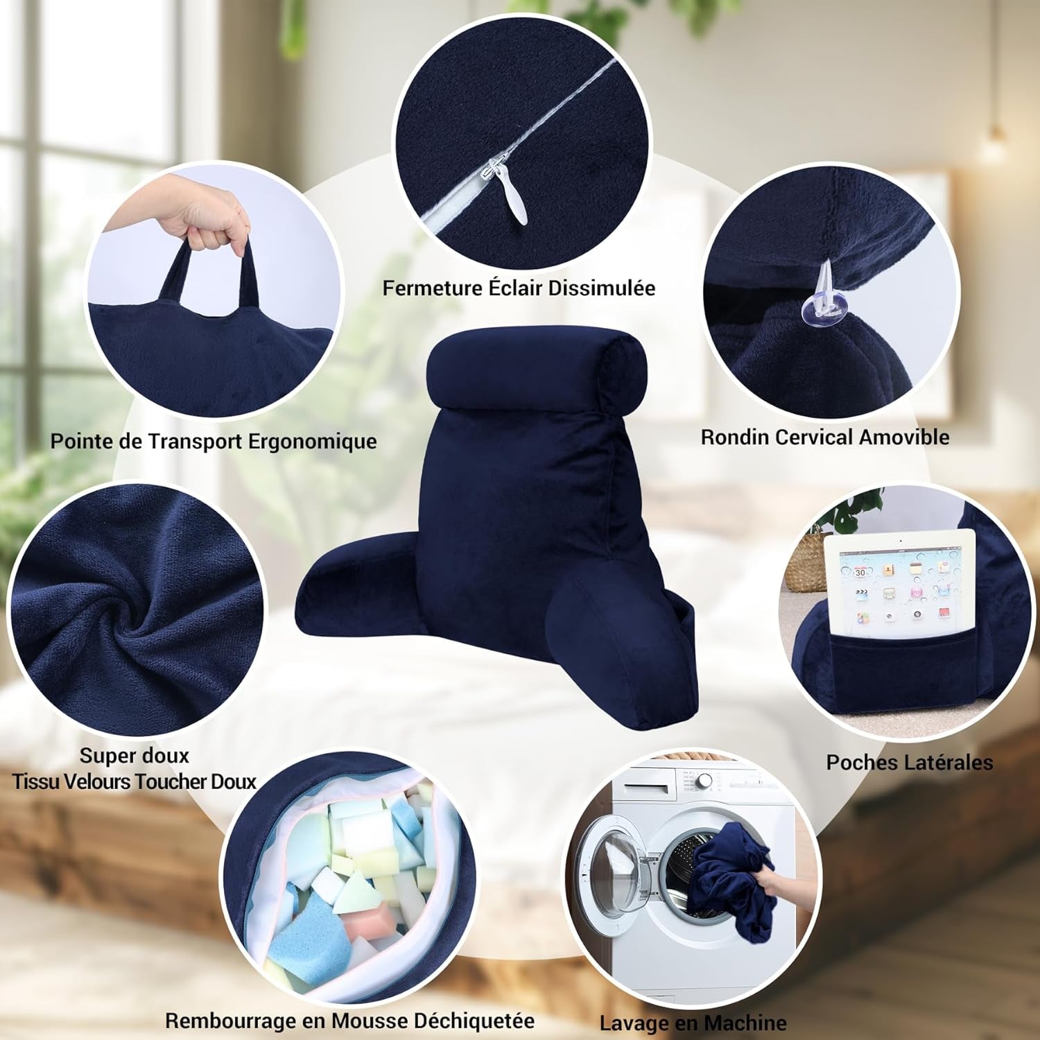 INFANZIA cuscino da lettura ergonomico con braccioli, supporto per la schiena, blu navy