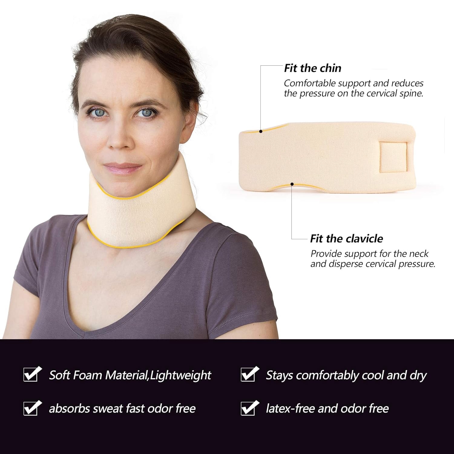 RESTCLOUD Supporto per il collo in morbida schiuma, Collare universale, Supporto per il collo regolabile per il sonno - Allevia il dolore al collo (Bianco, Collare profondo 6,4 cm, M) Cuscini ortopedici cervicali Naty Shop