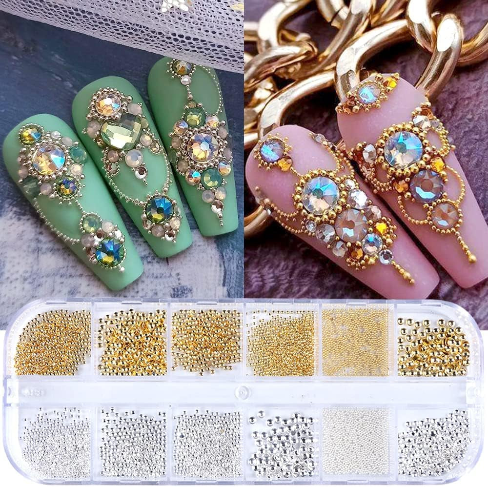 GZMAYUEN Nail Art Perle Micro Caviar Per Nägel, 0.3-3Mm Goldene Silber Mini Caviar Strasssteine, Weiß Beige Mini Nägel Perle Mikroperlen Dekor Per Nägel