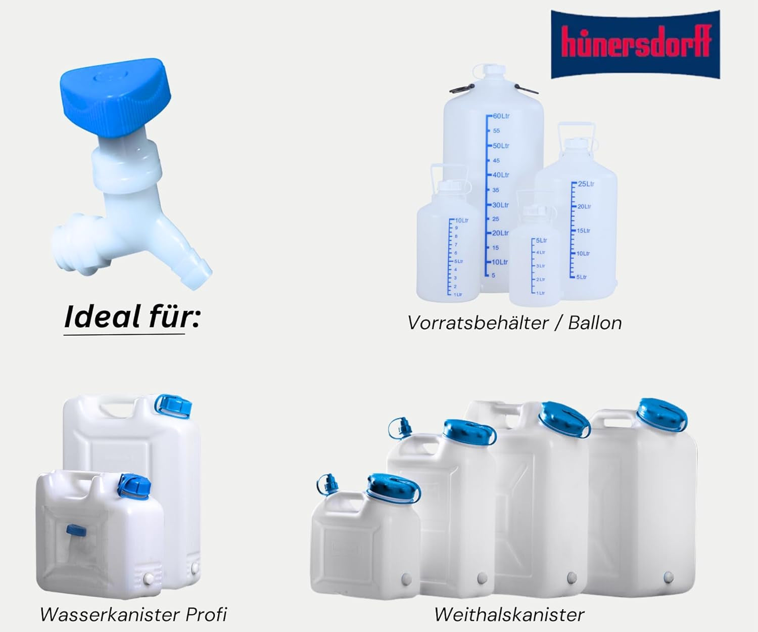 Hünersdorff | Valvola ad angolo | Coltara | Per contenitori con una larghezza della filettatura di 22 mm | Attacco tubo 13 mm o 1/2" | Naturale/blu