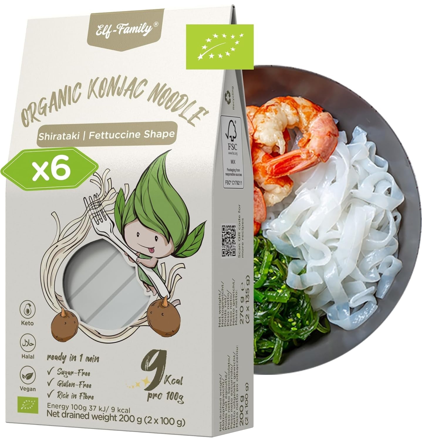Elf-Family 270g x6er Box (confezione da 12) Bio Konjak Nudeln Ultra Low Carb Shirataki Nudeln Vegan Glutenfrei-Instant Nudeln ohne kohlenidrato/Keto/Kalorienarme/Fettfrei/Zuckerfrei -Spaghetti MHD: 12/11/2026