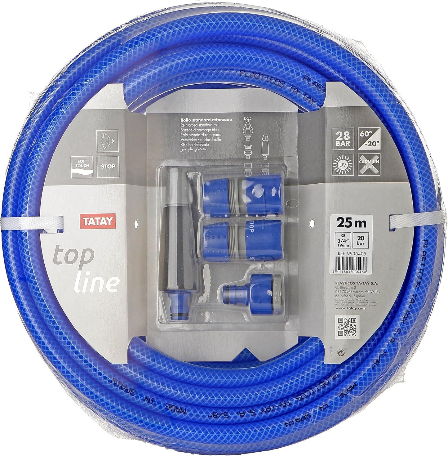 Set tubo da giardino TATAY Blue Line 25 metri Ø3/4" 19mm, 3 strati, prodotto in Spagna, resistenza 20 bar e +60°/-20°, intrecciato, senza cadmio e piombo, senza BPA, anti-UV. Colore blu.