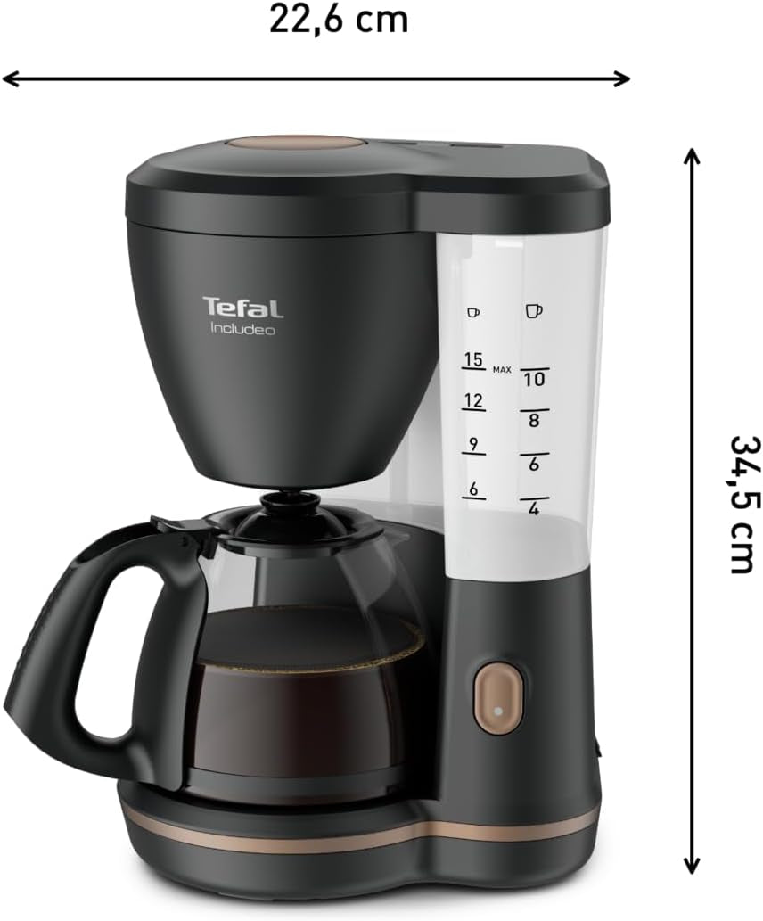 Macchina per caffè espresso con filtro Tefal Includeo, macchina per caffè espresso estremamente facile da usare, adatta per destrimani e mancini, apertura automatica del coperchio, 1,25 L, da 10 a 15 tazze, CM533811