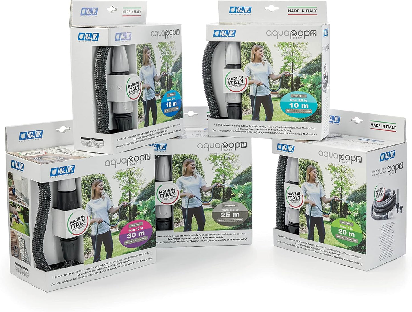 GF SRL, Aquapop Grey Easy 10, tubo trecciato autoestensibile da 10 metri, made in Italy, con mini spruzzatore e raccordi per irrigazione giardino, grigio scuro
