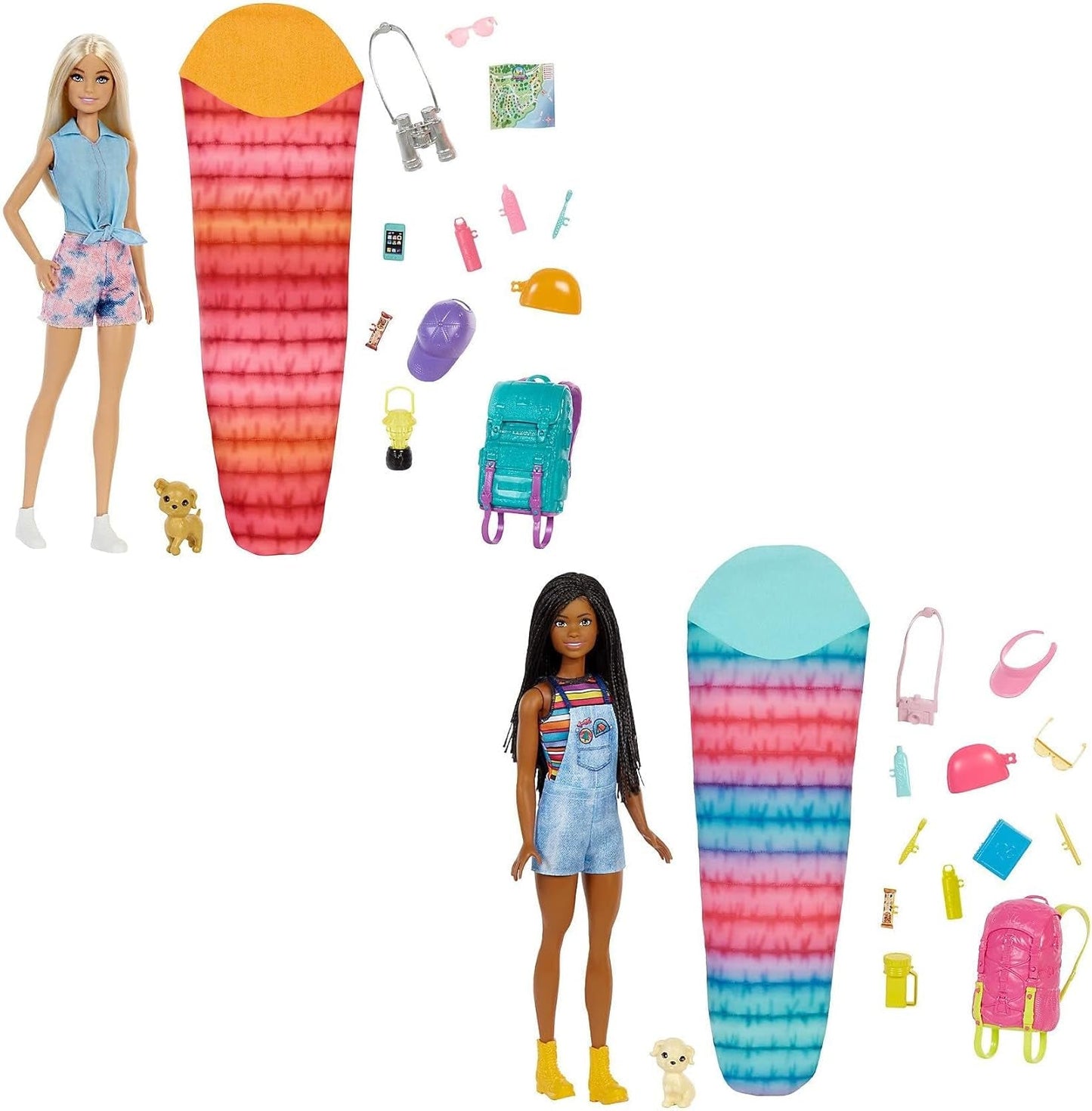 Barbie HDF74 Confezione doppia bambola! Brooklyn Camping Doll (Bruna con trecce intrecciate, circa 29 cm) con cucciolo, zaino, sacco a pelo, 10 accessori da campeggio, regalo per bambini dai 3 anni in su
