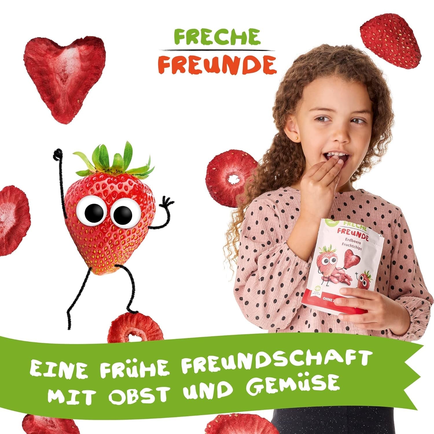 FRECHE FREUNDE Chips di frutta alla fragola bio, chips di frutta liofilizzata, frutta secca a fette al naturale senza zuccheri aggiunti, vegano, senza lattosio, senza glutine, confezione da 12 (12 x 12g)