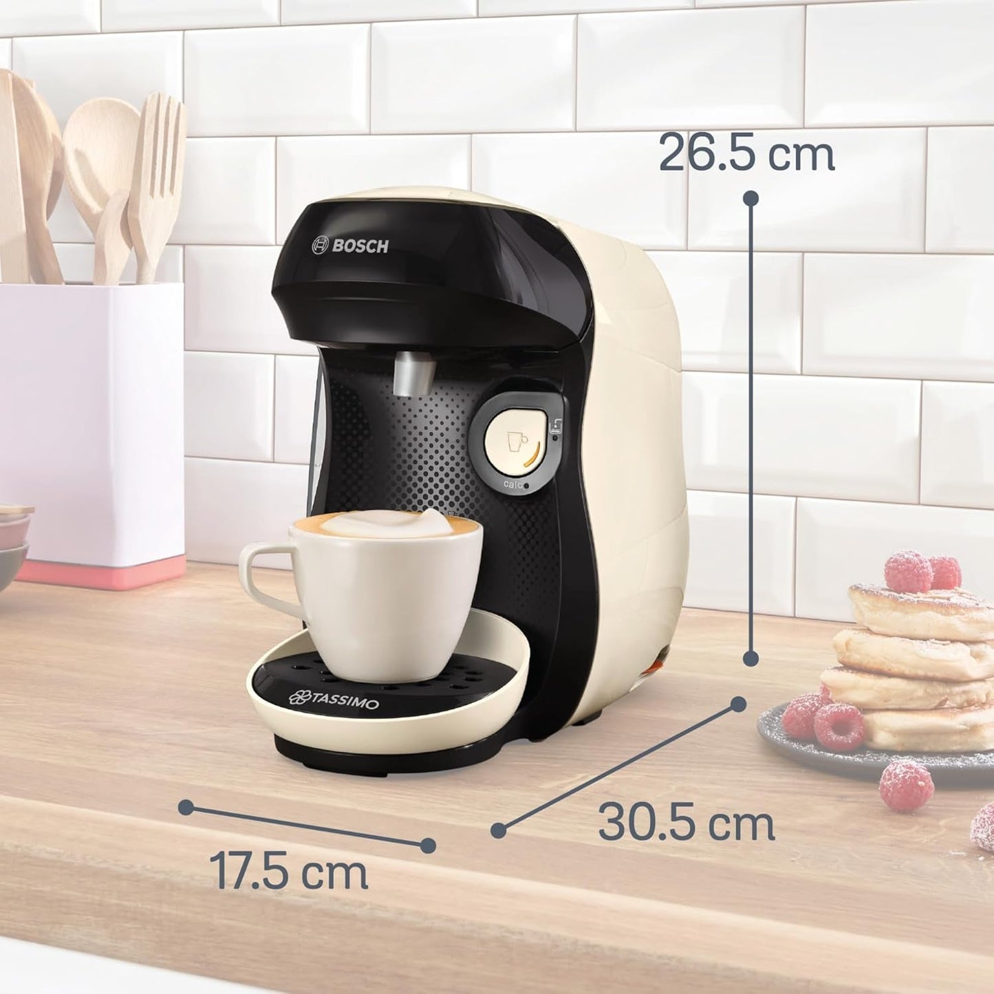 Bosch Tassimo Happy Friendly TAS107E Macchina per caffè a capsule, 70+ bevande, Adatta a tutte le tazze, Arresto automatico, Sostenibile, Dosaggio perfetto, Salvaspazio, 1400 W, Crema/Nero