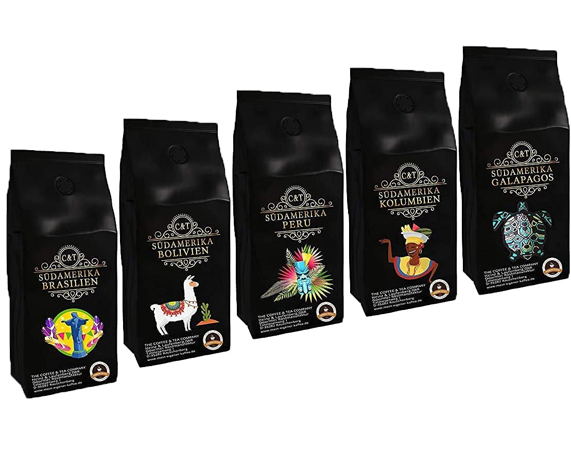 Länder Kaffee Set "Südamerika", Kaffeebohnen frisch geröstet 5 x 500 g ganze Bohne