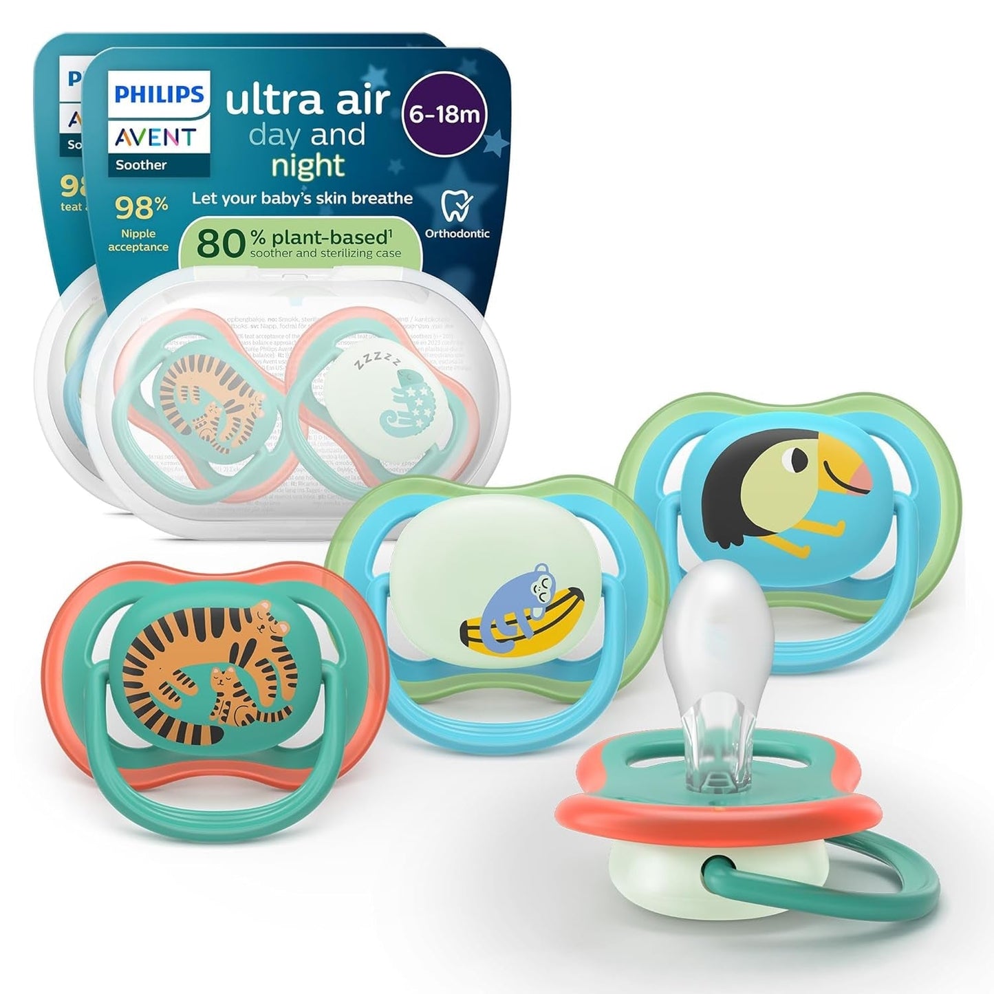 Succhietti Philips AVENT ultra air - confezione da 4 succhietti traspiranti senza BPA per bambini 6-18 mesi, inclusa custodia per il trasporto e sterilizzazione, modello tartaruga/balena (modello SCF085/66)