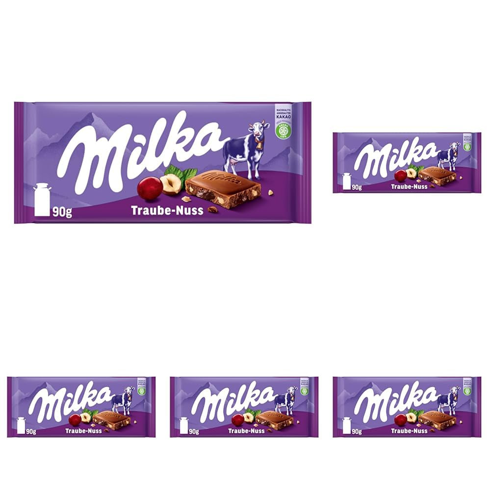 Milka Uva e Nocciole – Cioccolato al latte alpino con pezzi di nocciole e uvetta – 90g