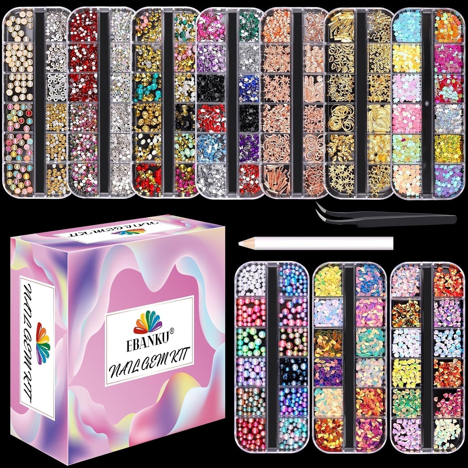 EBANKU Nail Art Strass Kit Multi Design Zubehör Mit 1 Pinzetten 1 Stück Wachsstifte Deko Diamondn Kristalle Perlen Edelsteine ​​​​Bunt Pferdeaugen Strass Metall Nieten Für Nagel DIY (1 Stück (10Er Pack))
