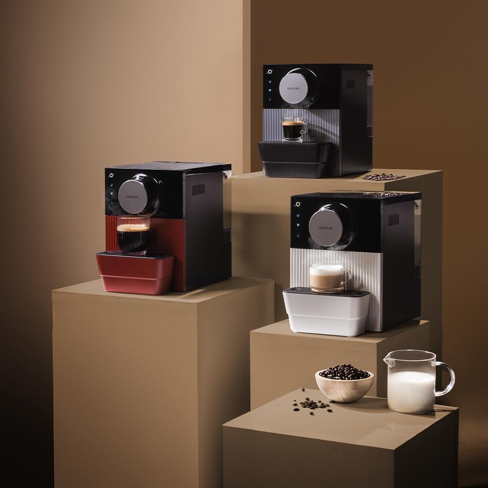 Macchina per caffè espresso compatta Cecotec Cremmaet Cube, 1350 W, sistema di pressatura 10 g, sistema di pre-infusione, 19 bar, sistema di blocco termico, 5 impostazioni di macinatura, pannello di controllo touch