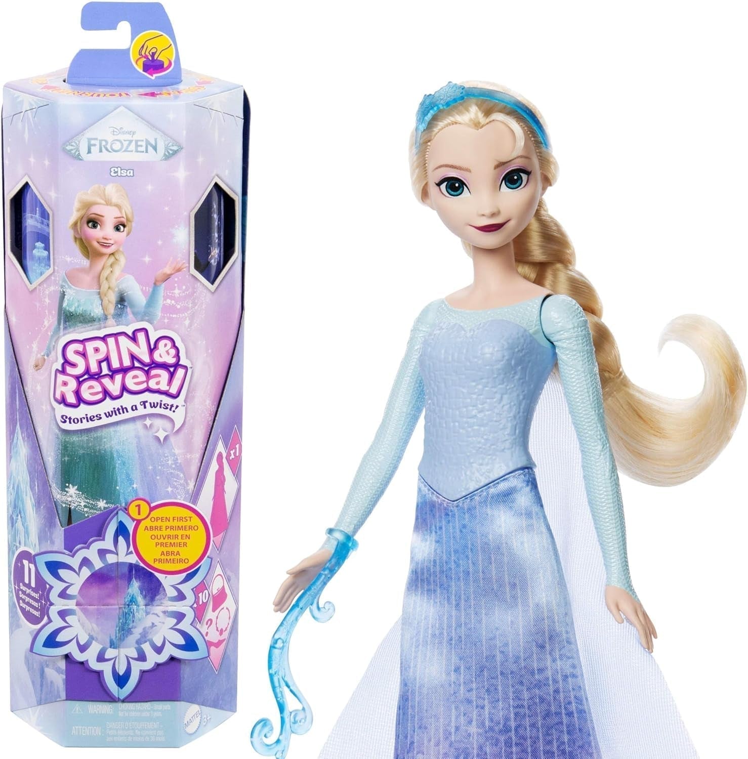 Mattel Disney The Ice Queen Elsa Fashion Doll Set, Spin & Reveal con 11 sorprese, inclusi 5 accessori, 5 adesivi e una scena di gioco, ispirata al film Disney, HTG25 Dolls Naty Shop Elsa Fashion Doll Set