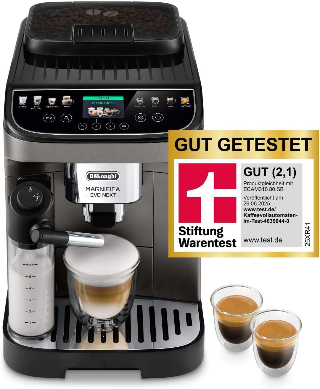 De'Longhi Magnifica Evo Next - Perfetto Espressore completamente automatico con montalatte LatteCrema, 13 bevande one-touch, macchina per caffè e cappuccino, touch screen a colori, titanio (ECAM312.80.TB)
