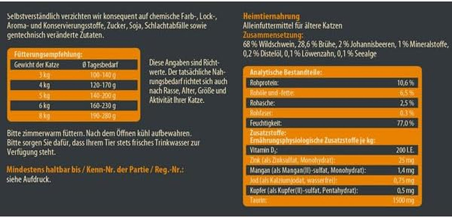Dehner Wild Nature Katzenfutter Unterholz, Nassfutter getreidefrei / zuckerfrei, für ältere Katzen, Wildschwein, 6 dosi da 400 g, (2,4 kg)