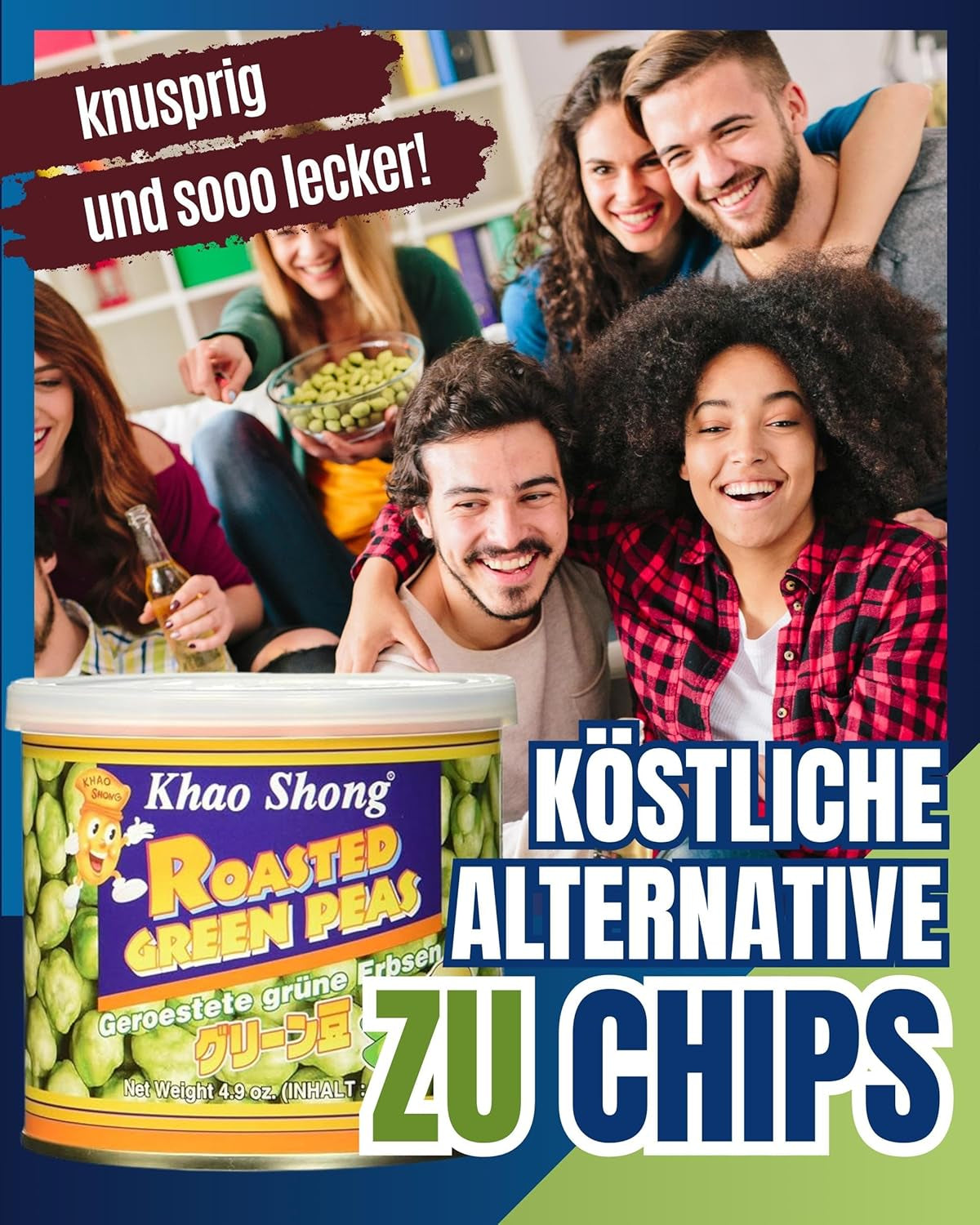 Piselli verdi fritti Khao Shong con wasabi, piselli croccanti in pastella piccante, un'alternativa a basso contenuto di grassi alla frutta secca, mediamente piccante, 1 lattina da 140 g | 140 g (1 confezione)