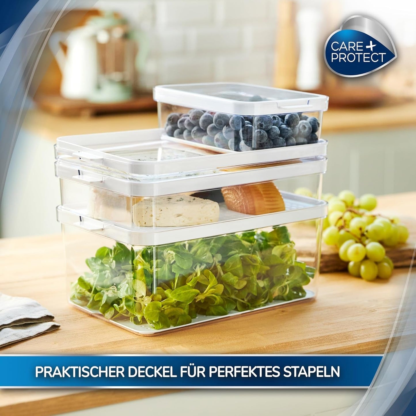 CARE + PROTECT Contenitore per alimenti intelligente, perfettamente impilabile, organizer per frigorifero, protegge gli alimenti dall'umidità, mantiene gli alimenti freschi più a lungo, 2,15 l Contenitori per alimenti Naty Shop