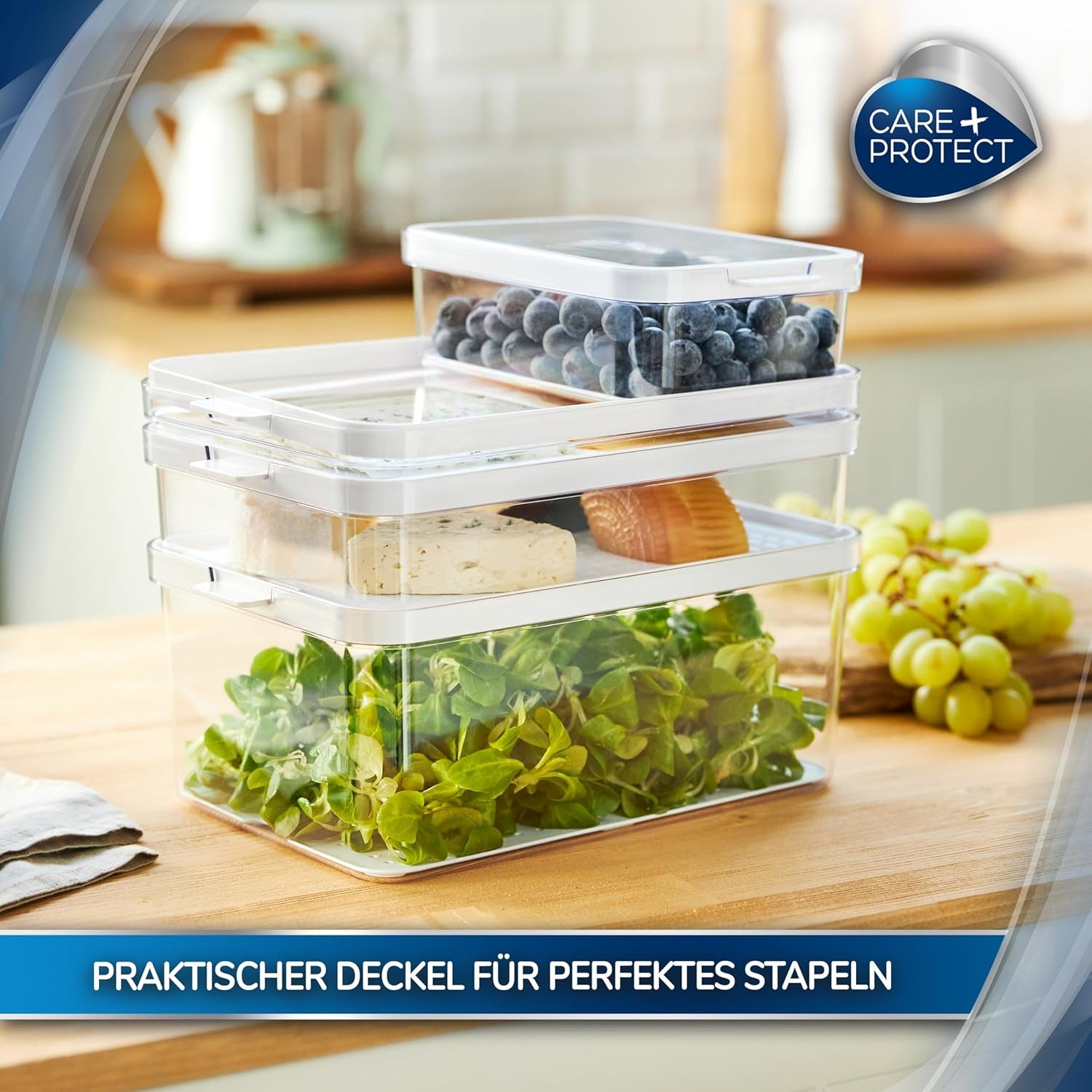 CARE + PROTECT Contenitore per alimenti intelligente, perfettamente impilabile, organizer per frigorifero, protegge gli alimenti dall'umidità, mantiene gli alimenti freschi più a lungo, 2,15 l Contenitori per alimenti Naty Shop