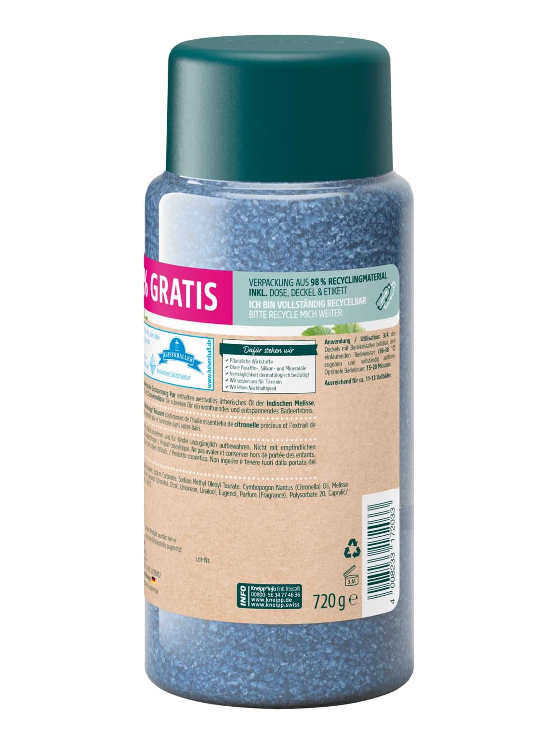 Cristalli da bagno Kneipp puro relax - formato speciale - con sale naturale Luisenhall sale profondo e olio essenziale di melissa indiana ed estratto di melissa edizione limitata 720G Naty Shop Doccia e bagno